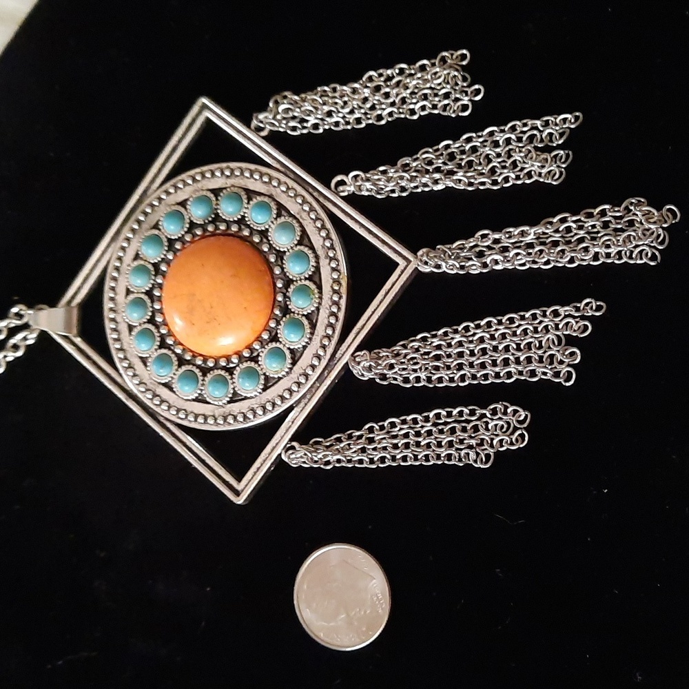 3/25$ sandstone faux turquoise/coral fringe fashion necklace silvertone - Picture 4 of 7